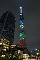Tokyo Sky Tree lit up in the five colors of the Olympic symbol.